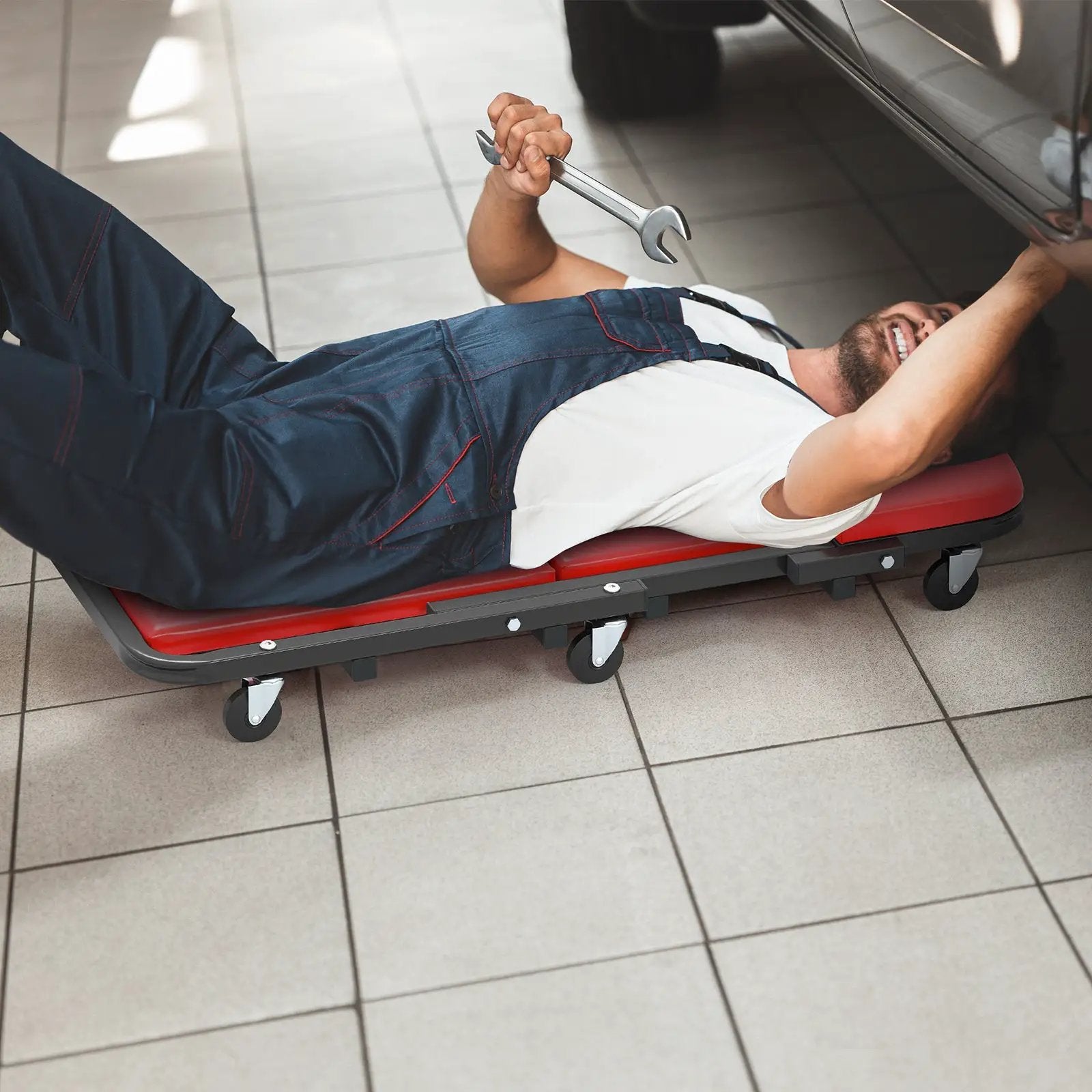 2-in-1 Folding Low Profile Mechanic Creeper with Padded Seat and 6 Wheels-Red by DirectDeals