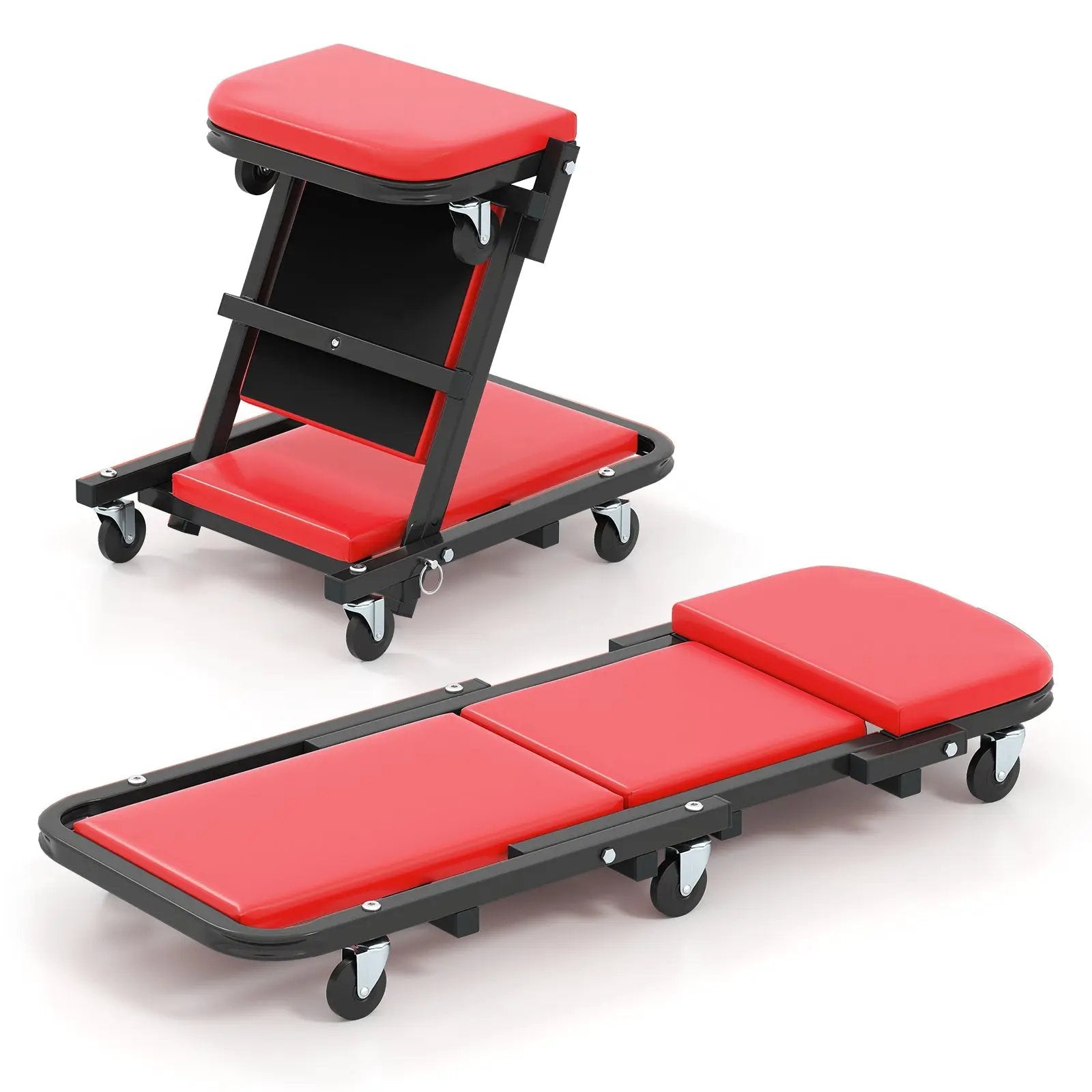 2-in-1 Folding Low Profile Mechanic Creeper with Padded Seat and 6 Wheels-Red by DirectDeals