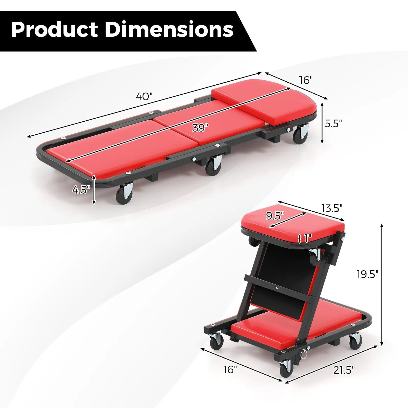 2-in-1 Folding Low Profile Mechanic Creeper with Padded Seat and 6 Wheels-Red by DirectDeals