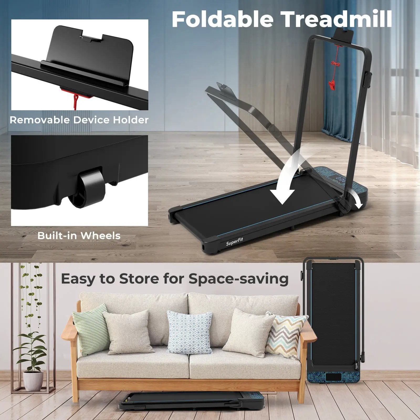 2 in 1 Folding Treadmill with 300 LBS Capacity and Remote Control for Home-Black by DirectDeals