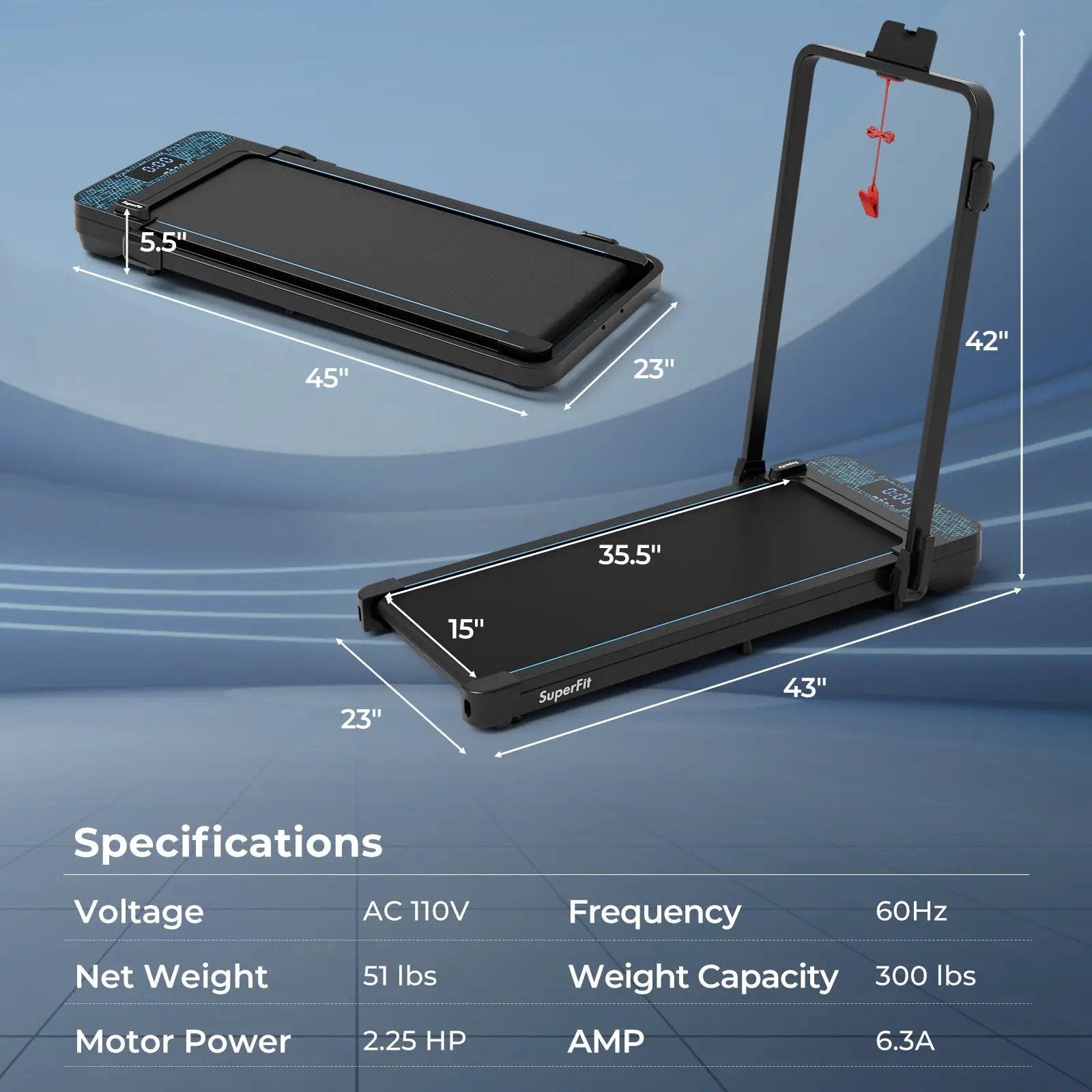2 in 1 Folding Treadmill with 300 LBS Capacity and Remote Control for Home-Black by DirectDeals