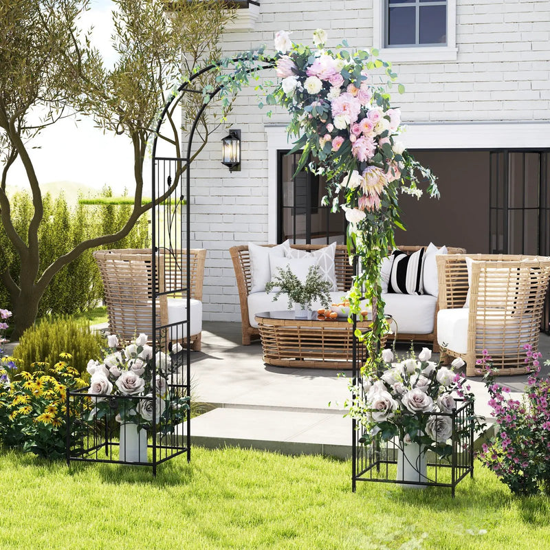 2 in 1 Garden Arbor with 2 Side Planters and 8 Ground Stakes-Black by DirectDeals