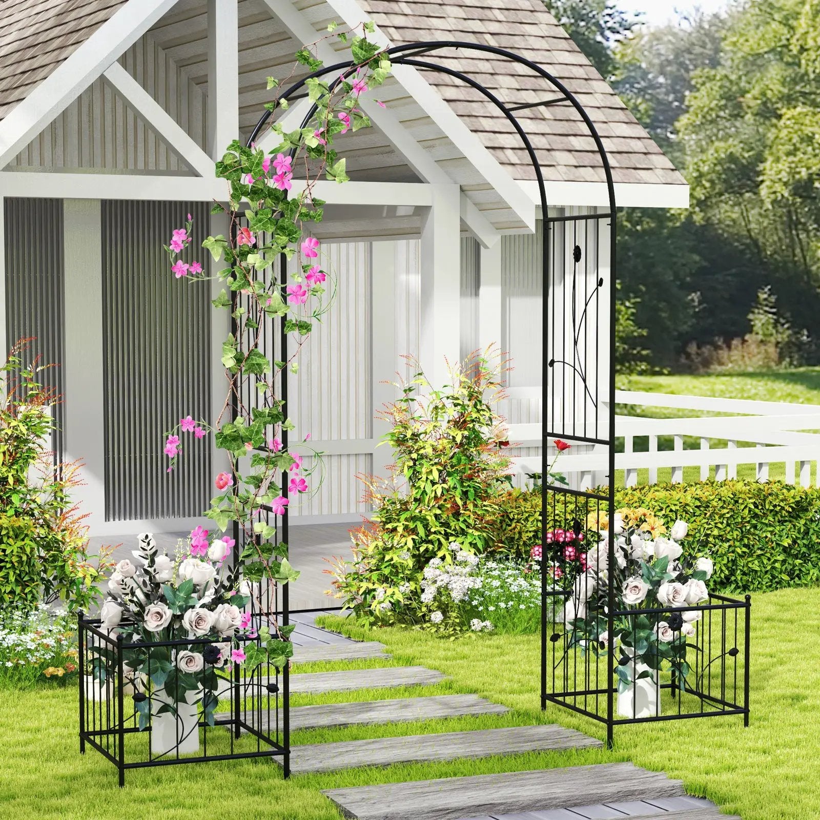 2 in 1 Garden Arbor with 2 Side Planters and 8 Ground Stakes-Black by DirectDeals