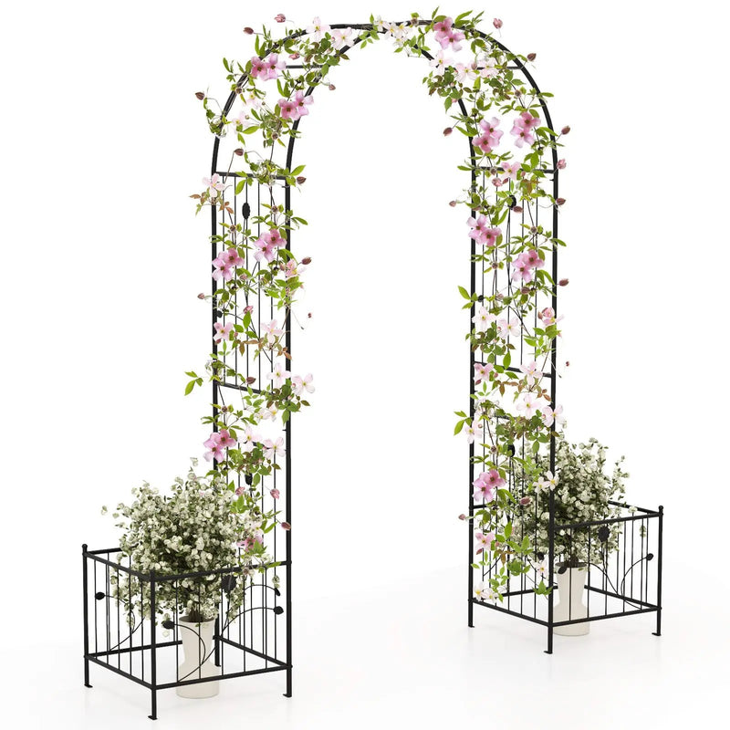2 in 1 Garden Arbor with 2 Side Planters and 8 Ground Stakes-Black by DirectDeals