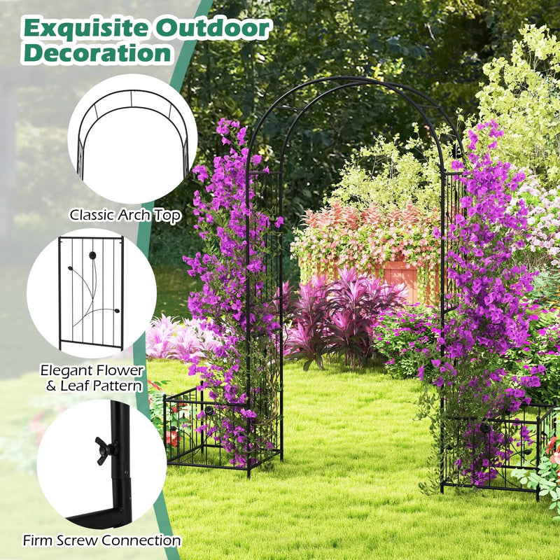 2 in 1 Garden Arbor with 2 Side Planters and 8 Ground Stakes-Black by DirectDeals