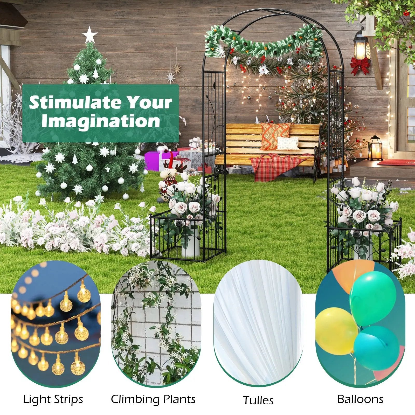 2 in 1 Garden Arbor with 2 Side Planters and 8 Ground Stakes-Black by DirectDeals