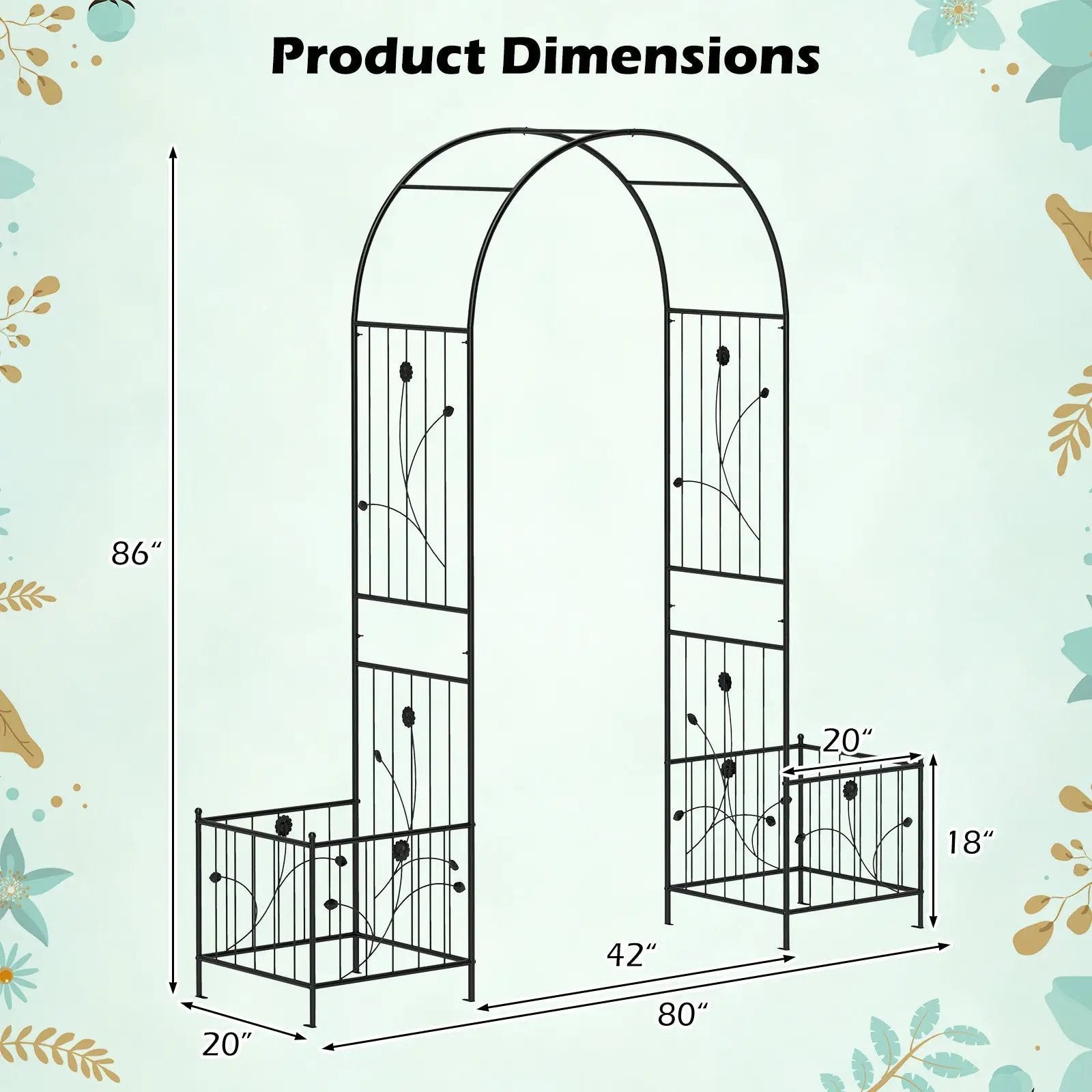 2 in 1 Garden Arbor with 2 Side Planters and 8 Ground Stakes-Black by DirectDeals