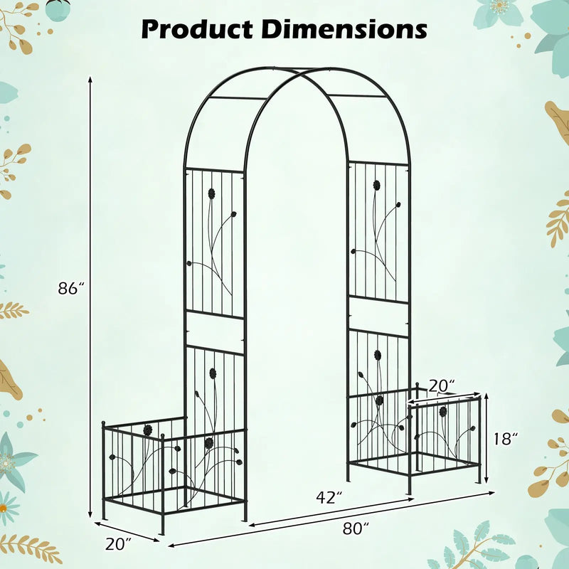 2 in 1 Garden Arbor with 2 Side Planters and 8 Ground Stakes-Black by DirectDeals