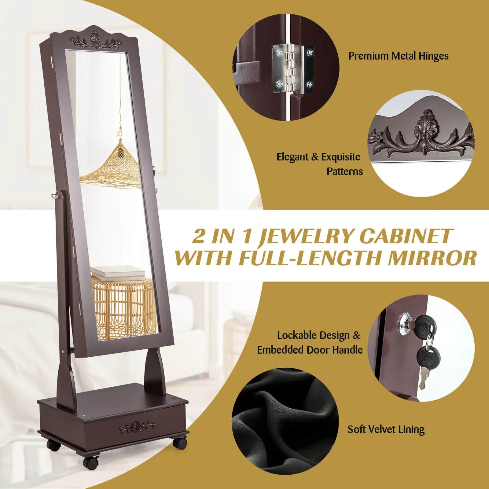Rolling Floor Standing Mirrored Jewelry Armoire with Lock and Drawers by DirectDeals