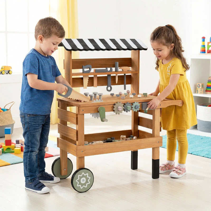 2-in-1 Kids Rolling Cart with Play Tools Set for Construction Play-Brown by DirectDeals