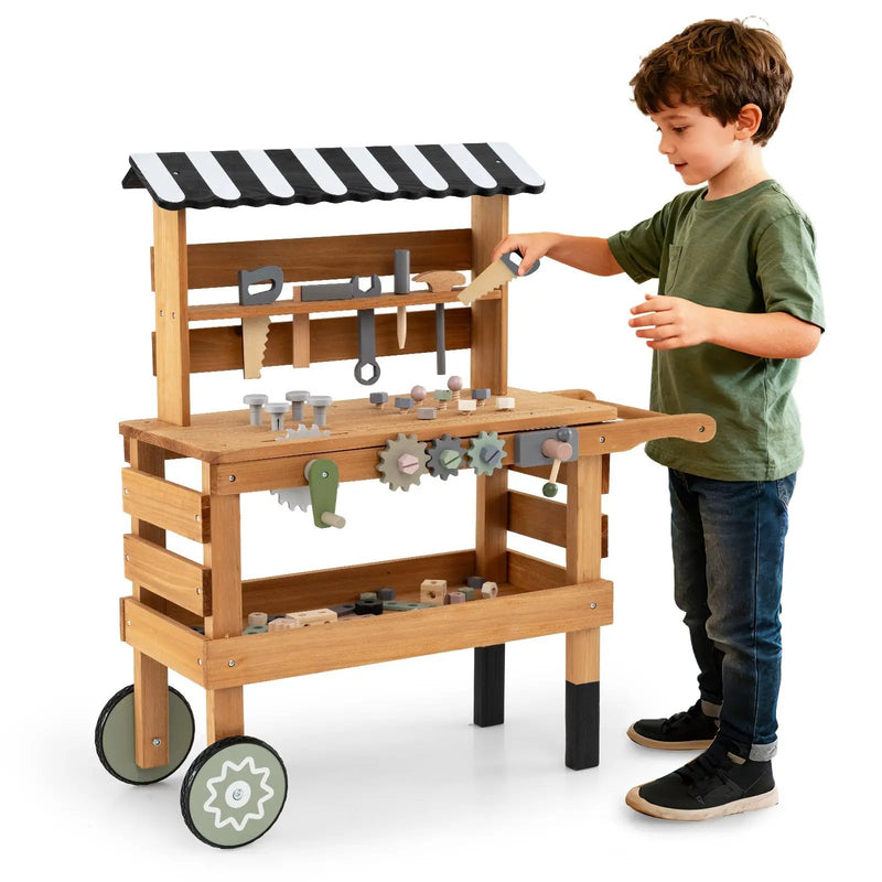 2-in-1 Kids Rolling Cart with Play Tools Set for Construction Play-Brown by DirectDeals