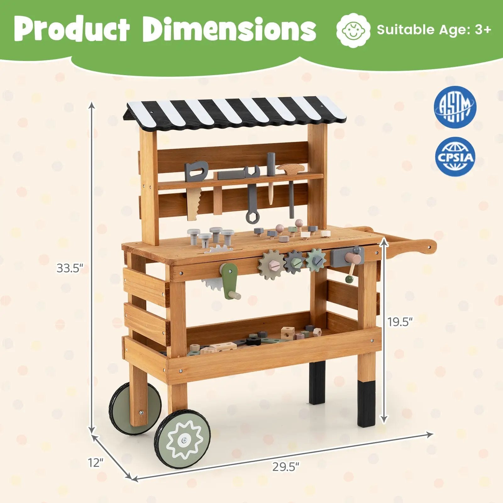 2-in-1 Kids Rolling Cart with Play Tools Set for Construction Play-Brown by DirectDeals