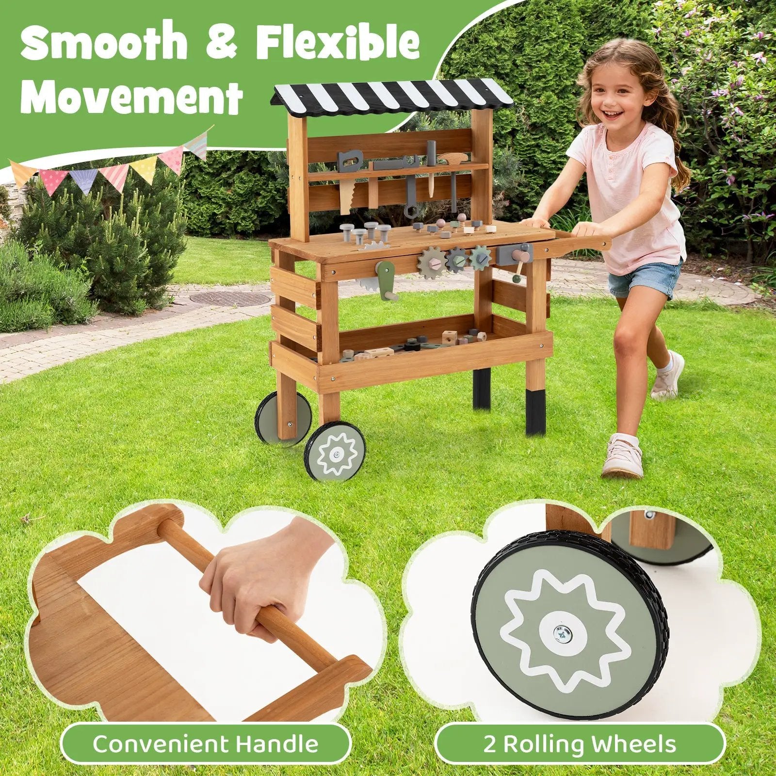 2-in-1 Kids Rolling Cart with Play Tools Set for Construction Play-Brown by DirectDeals