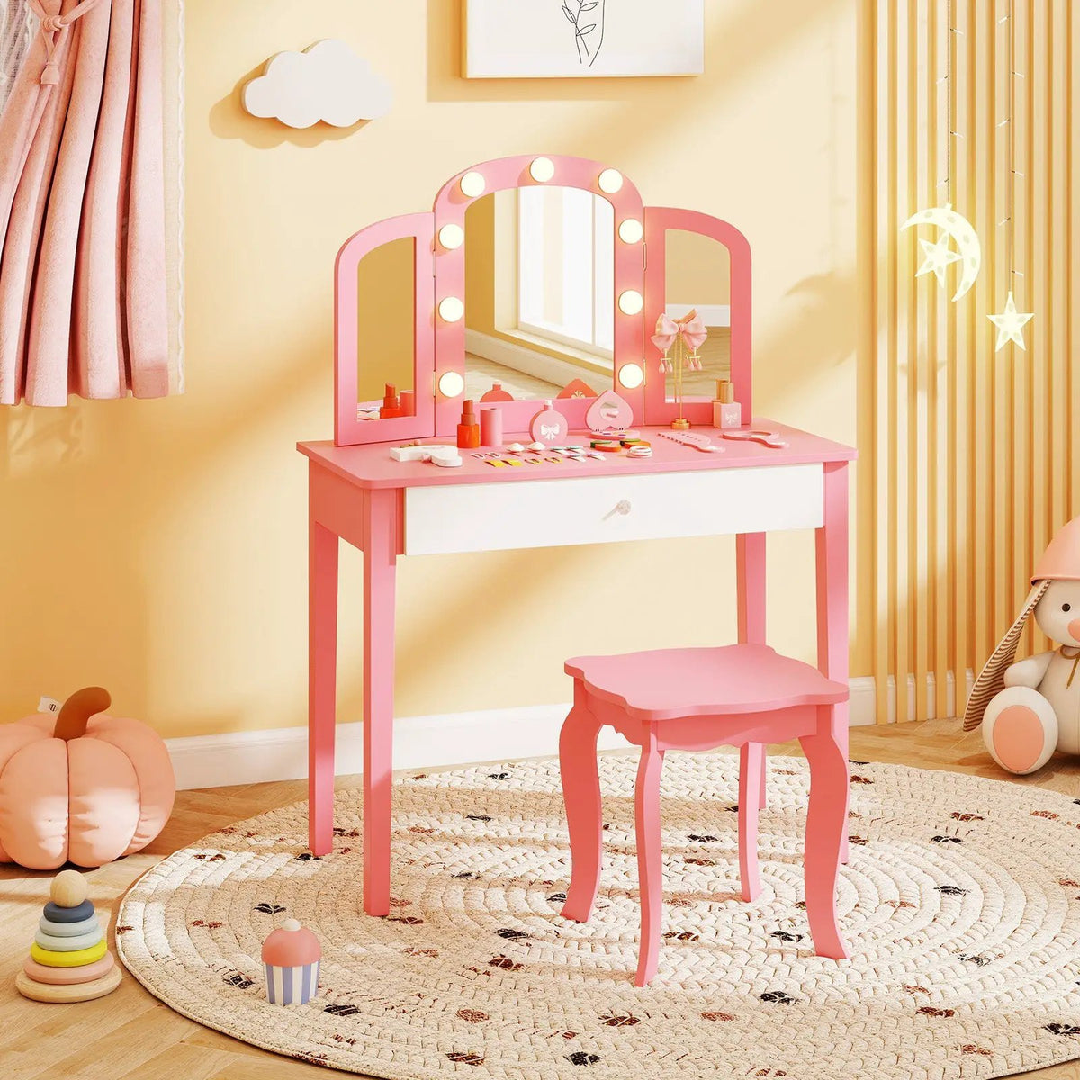 2-in-1 Kids Vanity Table Set with Tri-Folding Detachable Mirror and Lights by DirectDeals