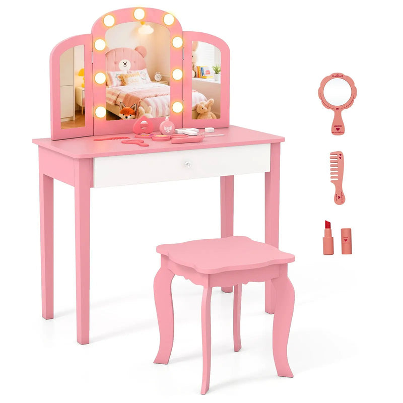 2-in-1 Kids Vanity Table Set with Tri-Folding Detachable Mirror and Lights by DirectDeals