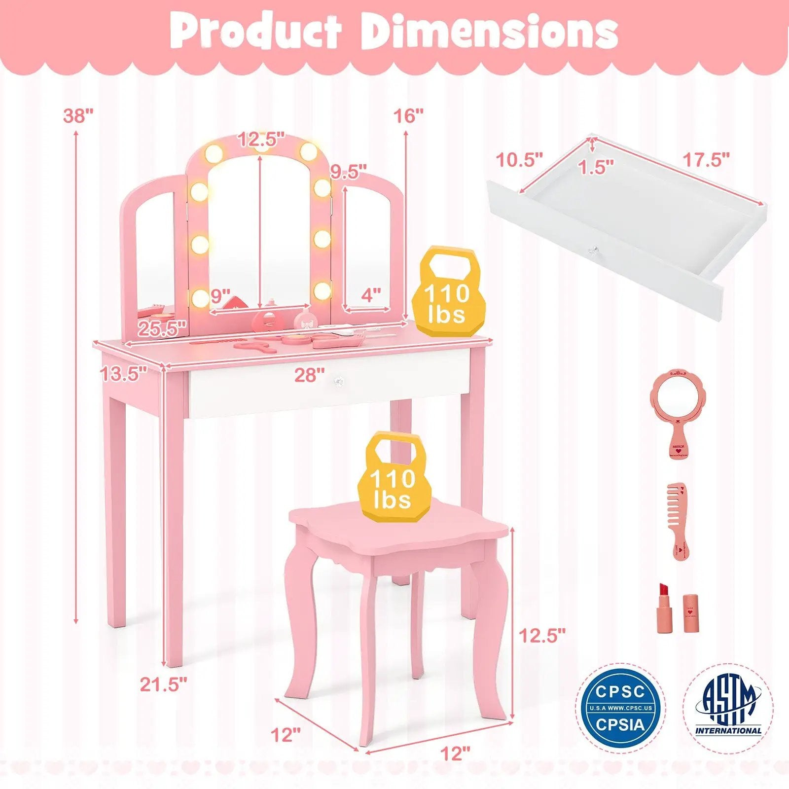 2-in-1 Kids Vanity Table Set with Tri-Folding Detachable Mirror and Lights by DirectDeals