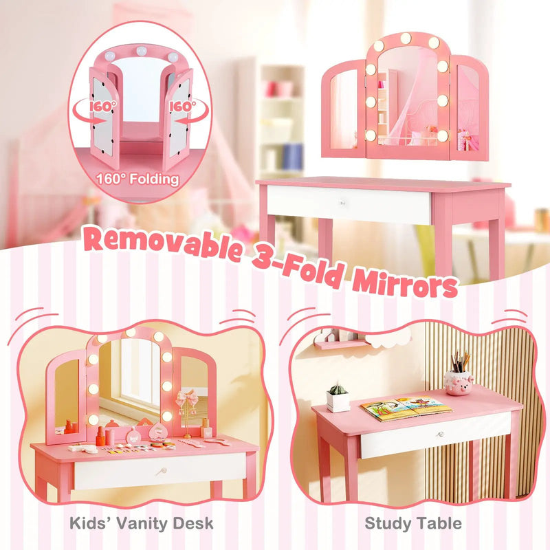 2-in-1 Kids Vanity Table Set with Tri-Folding Detachable Mirror and Lights by DirectDeals