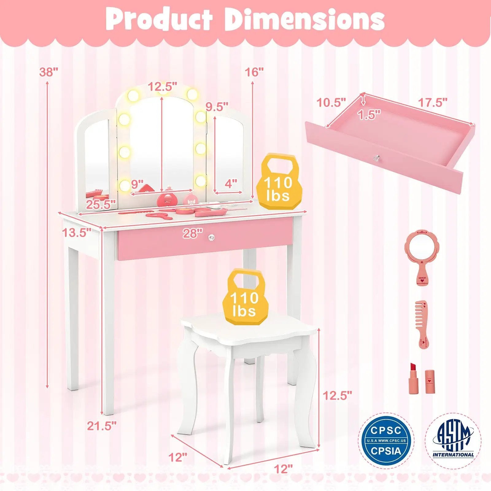 2-in-1 Kids Vanity Table Set with Tri-Folding Detachable Mirror and Lights by DirectDeals