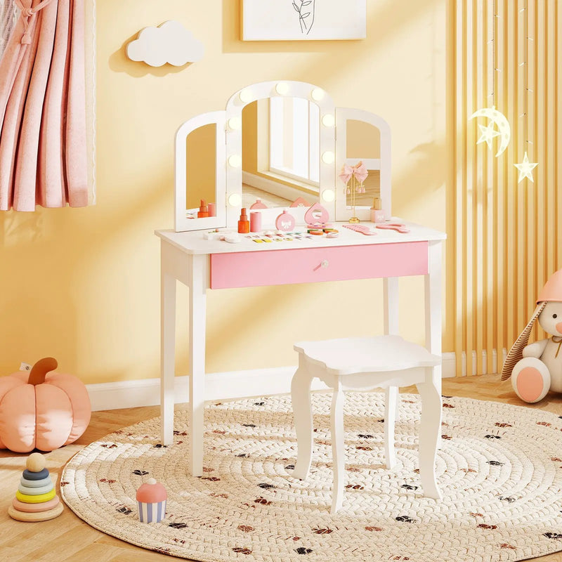 2-in-1 Kids Vanity Table Set with Tri-Folding Detachable Mirror and Lights by DirectDeals