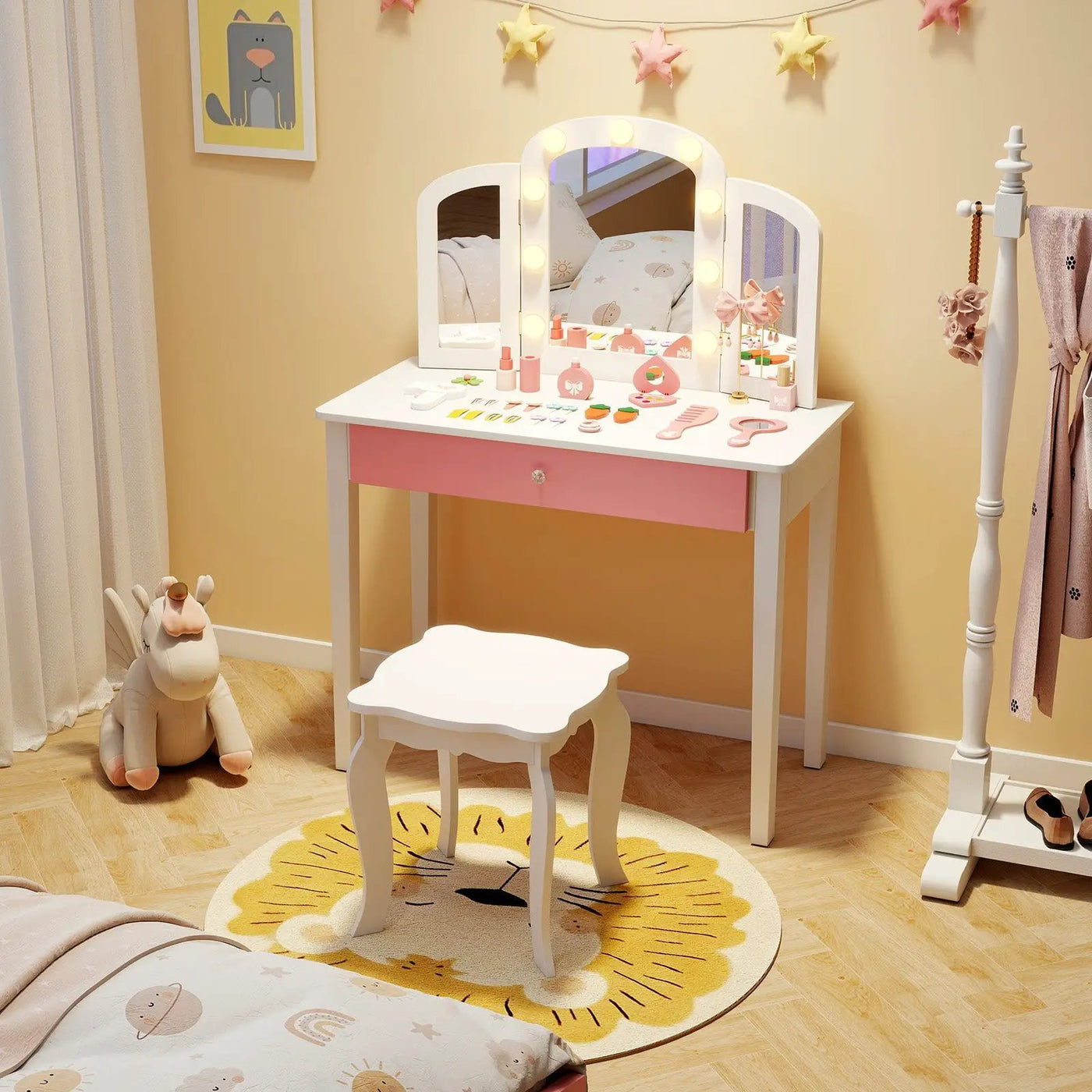2-in-1 Kids Vanity Table Set with Tri-Folding Detachable Mirror and Lights by DirectDeals