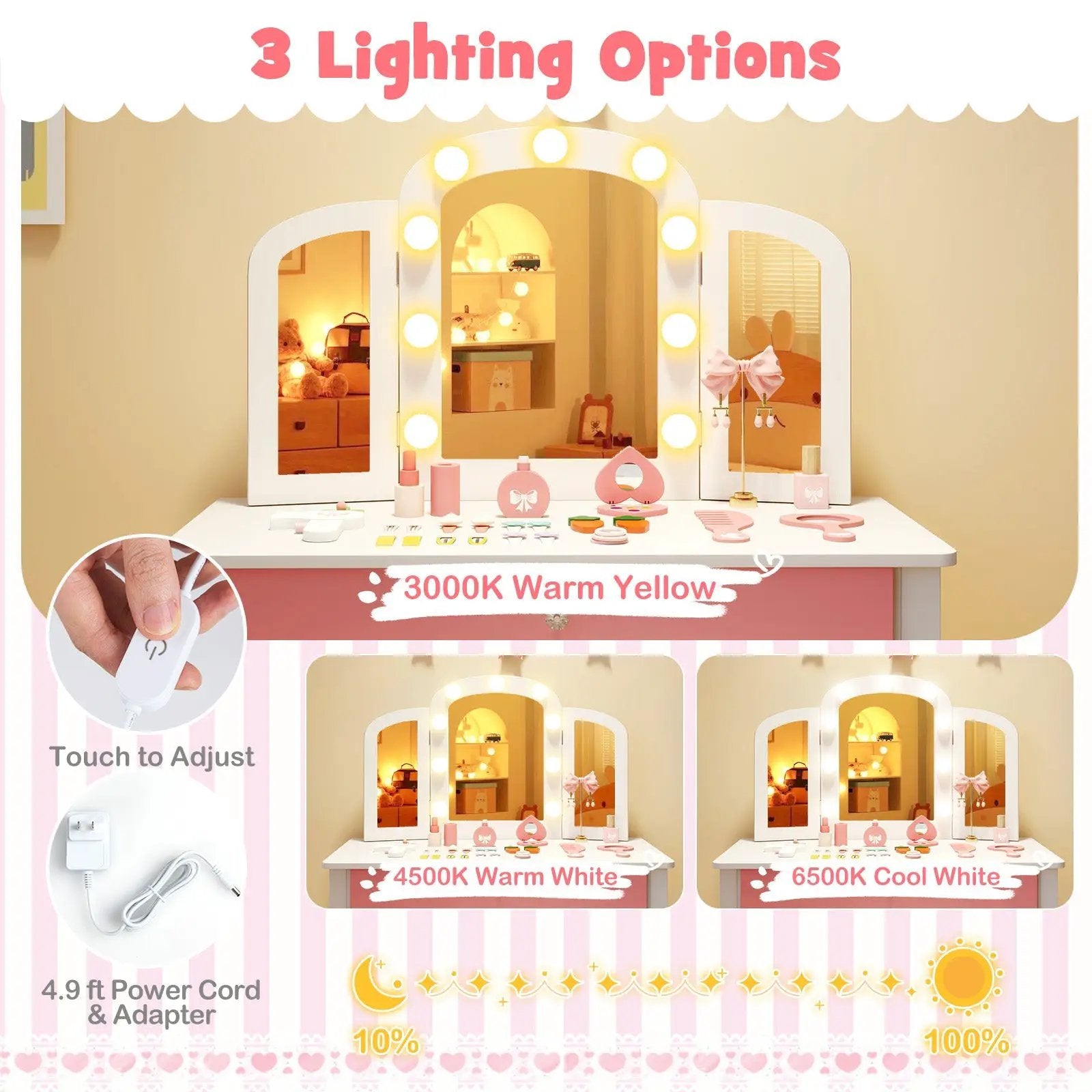 2-in-1 Kids Vanity Table Set with Tri-Folding Detachable Mirror and Lights by DirectDeals