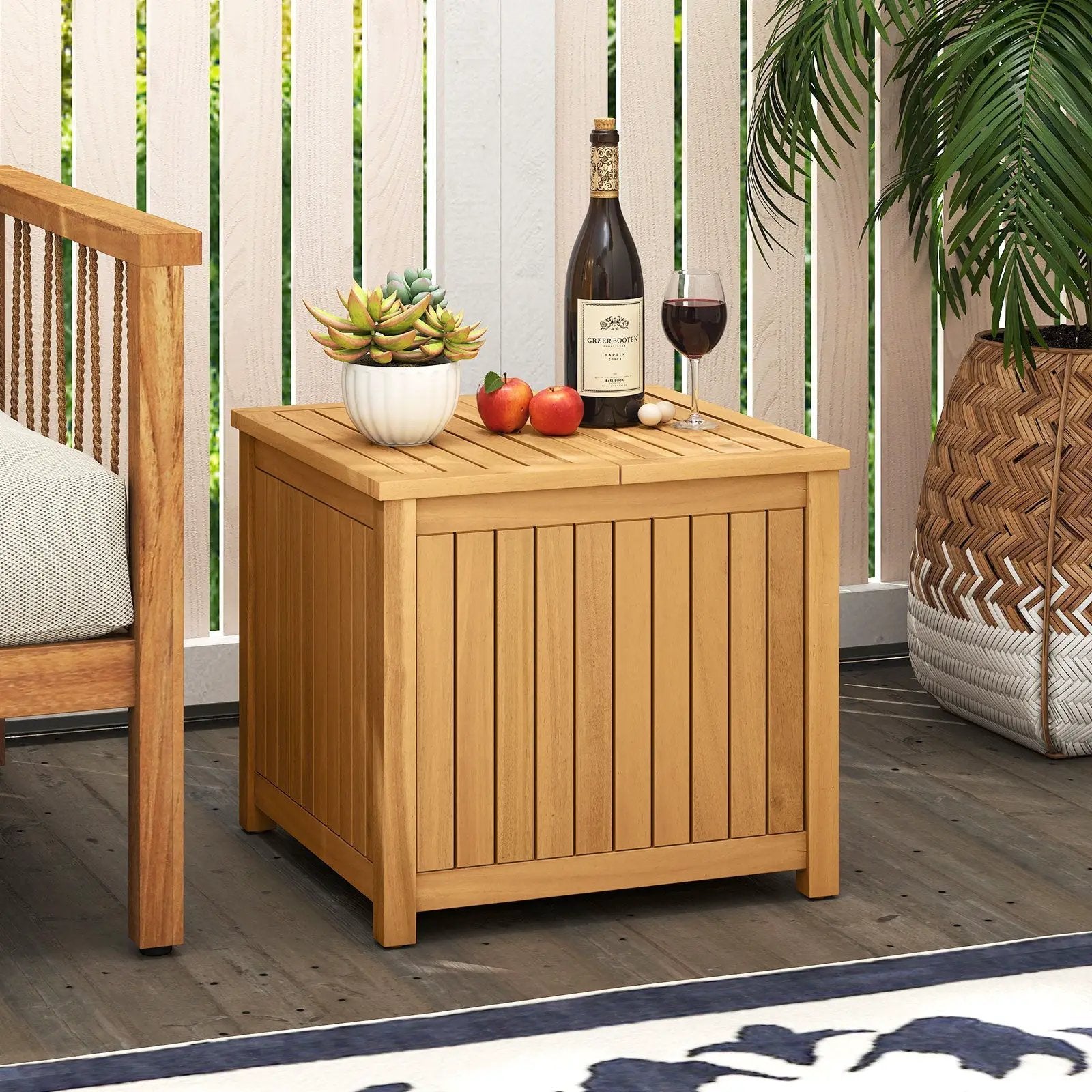 2-in-1 Outdoor Side Table with Storage Acacia Wood Slatted Coffee Table Square and Round Slatted End Storage Box by DirectDeals