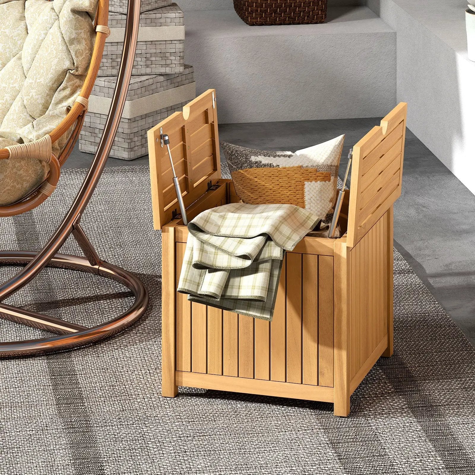 2-in-1 Outdoor Side Table with Storage Acacia Wood Slatted Coffee Table Square and Round Slatted End Storage Box by DirectDeals