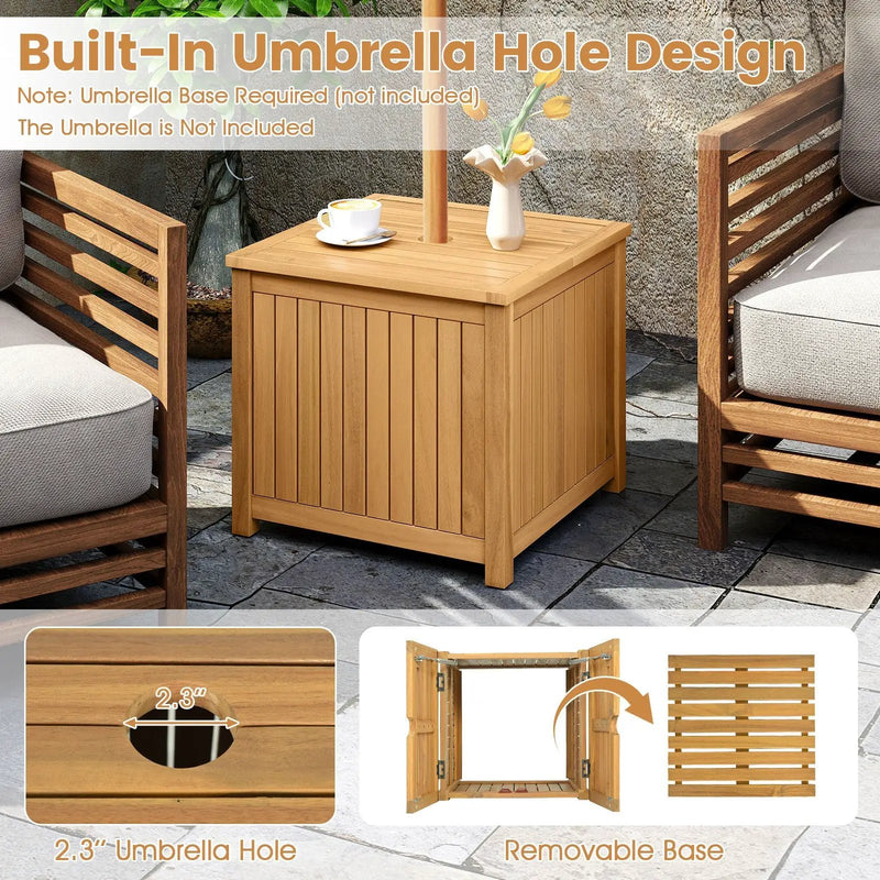 2-in-1 Outdoor Side Table with Storage Acacia Wood Slatted Coffee Table Square and Round Slatted End Storage Box by DirectDeals