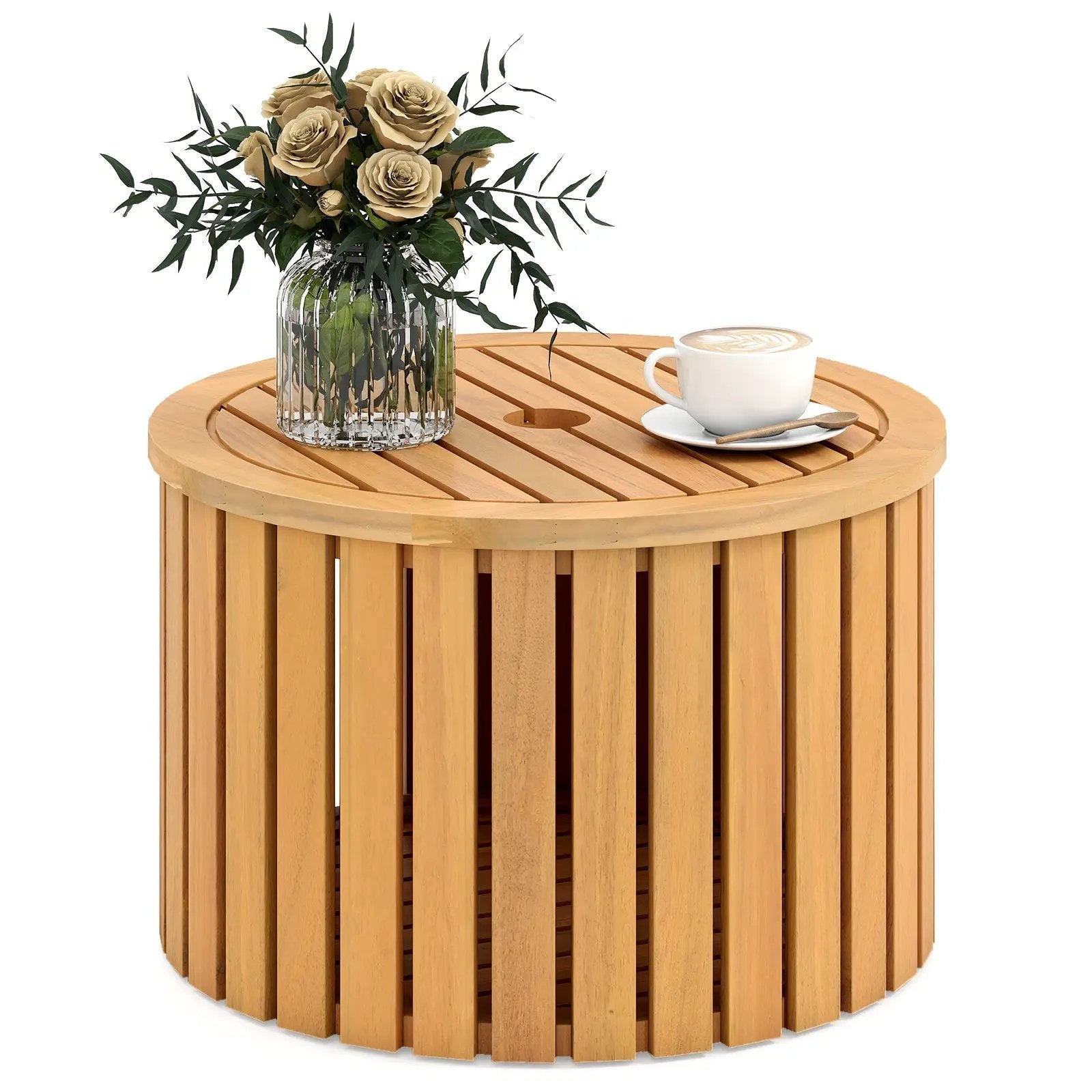 2-in-1 Outdoor Side Table with Storage Acacia Wood Slatted Coffee Table Square and Round Slatted End Storage Box by DirectDeals