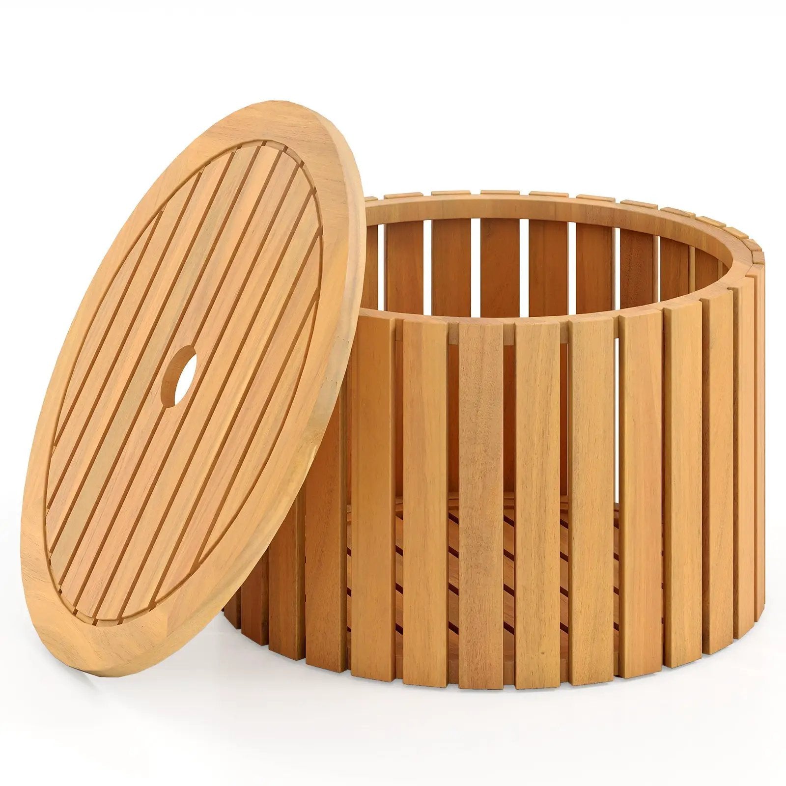 2-in-1 Outdoor Side Table with Storage Acacia Wood Slatted Coffee Table Square and Round Slatted End Storage Box by DirectDeals