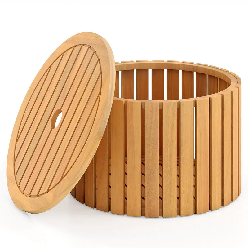2-in-1 Outdoor Side Table with Storage Acacia Wood Slatted Coffee Table Square and Round Slatted End Storage Box by DirectDeals