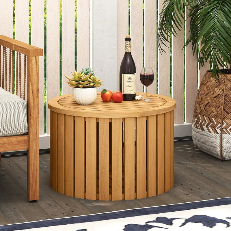 2-in-1 Outdoor Side Table with Storage Acacia Wood Slatted Coffee Table Square and Round Slatted End Storage Box by DirectDeals