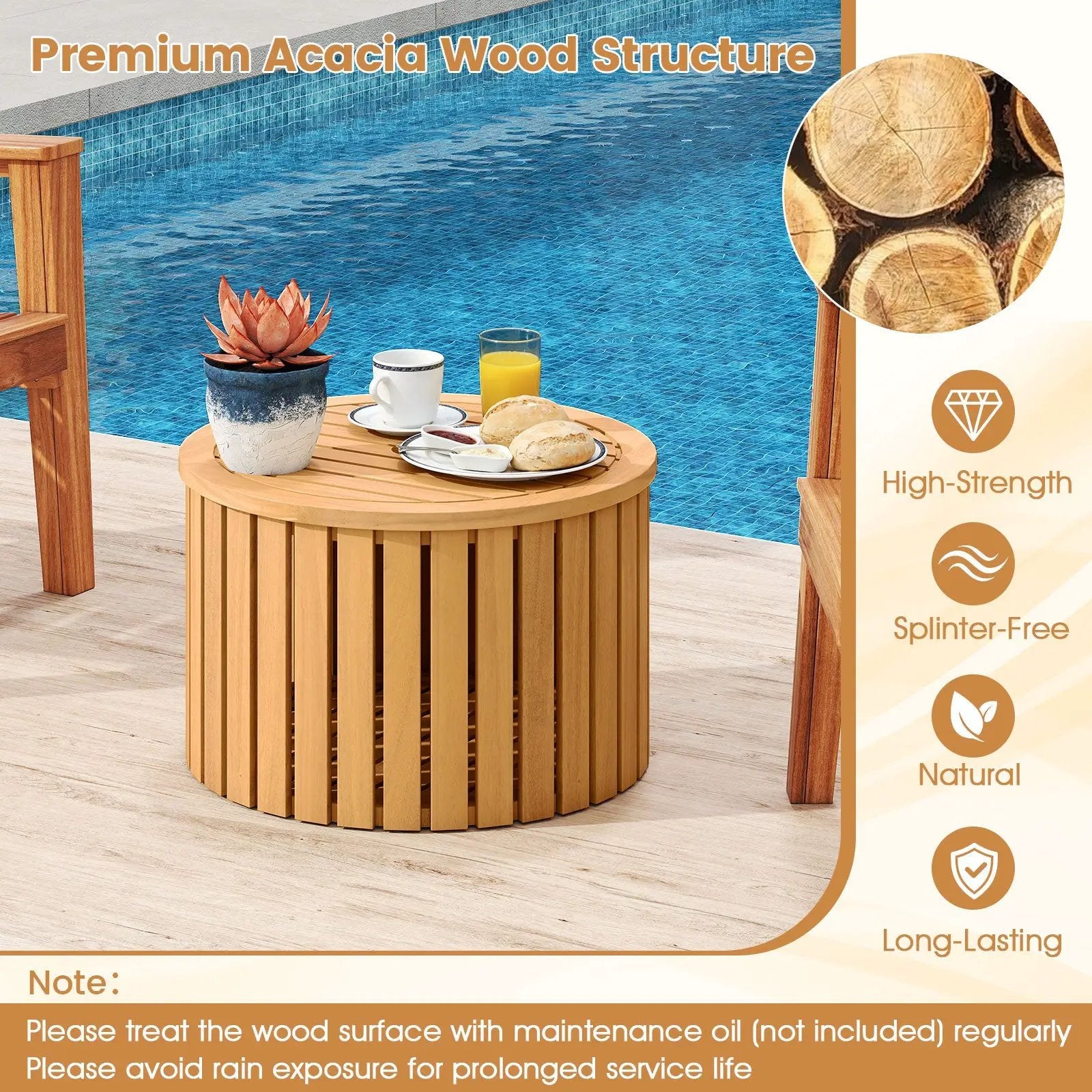 2-in-1 Outdoor Side Table with Storage Acacia Wood Slatted Coffee Table Square and Round Slatted End Storage Box by DirectDeals
