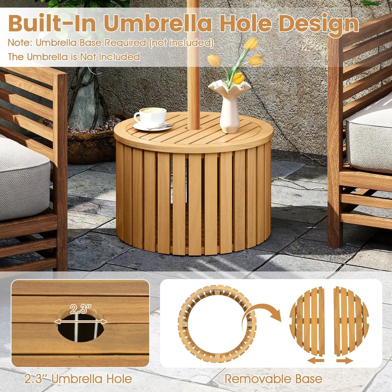 2-in-1 Outdoor Side Table with Storage Acacia Wood Slatted Coffee Table Square and Round Slatted End Storage Box by DirectDeals