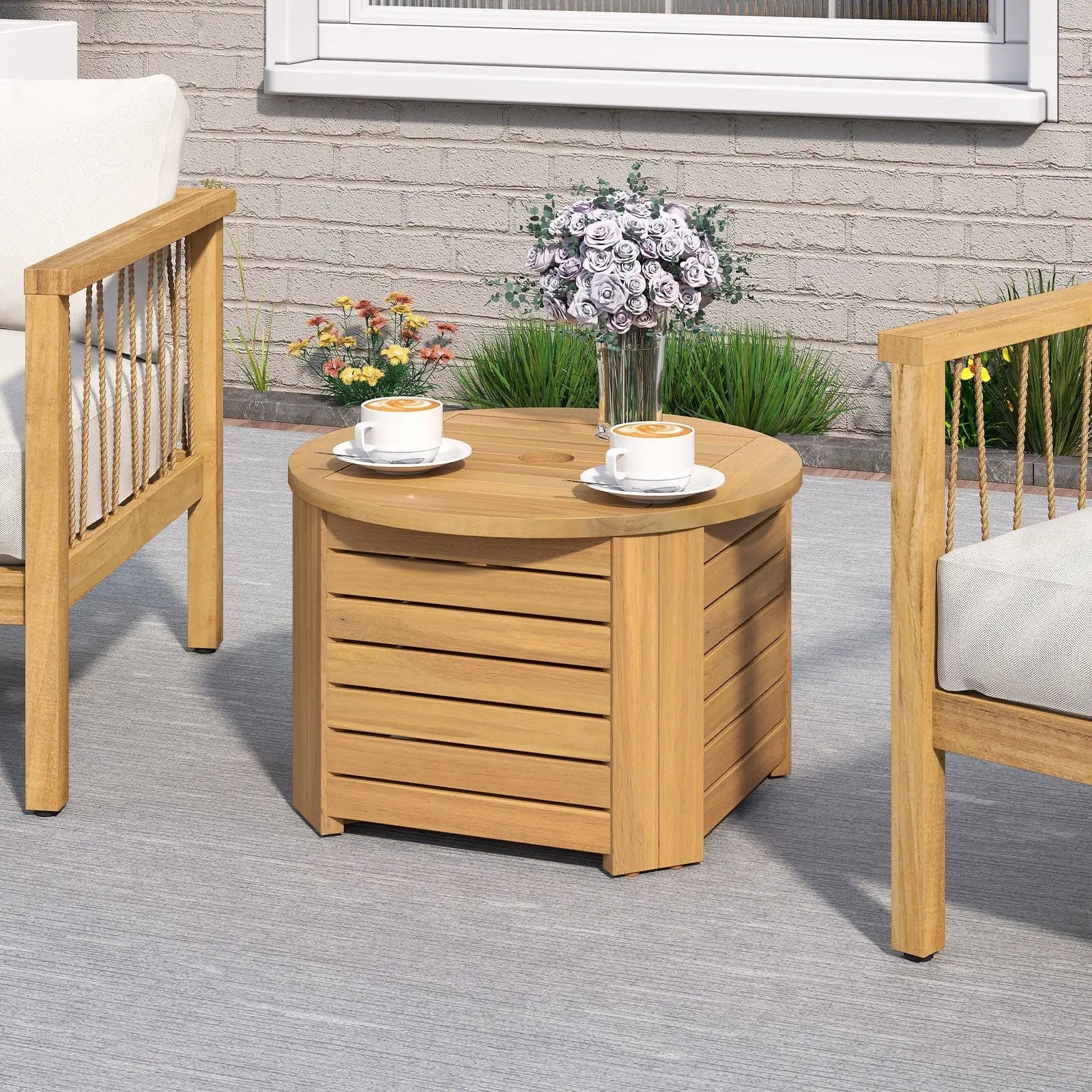 2-in-1 Outdoor Side Table with Storage Acacia Wood Slatted Coffee Table Square and Round Slatted End Storage Box by DirectDeals