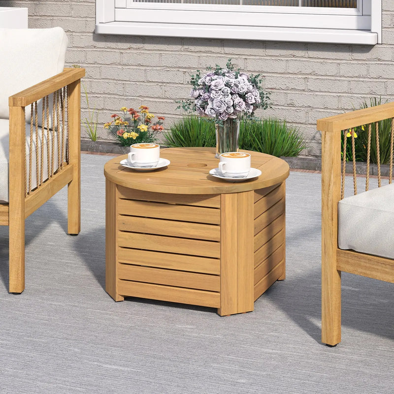 2-in-1 Outdoor Side Table with Storage Acacia Wood Slatted Coffee Table Square and Round Slatted End Storage Box by DirectDeals