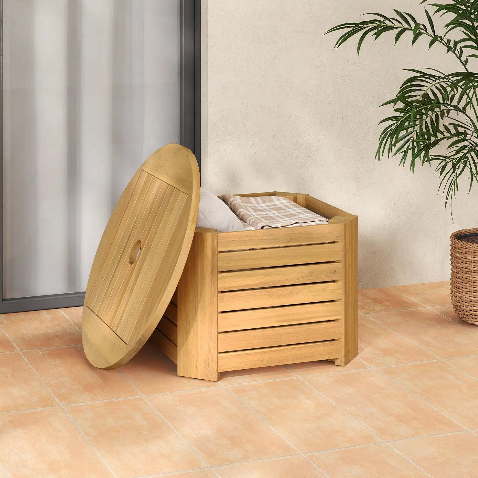 2-in-1 Outdoor Side Table with Storage Acacia Wood Slatted Coffee Table Square and Round Slatted End Storage Box by DirectDeals