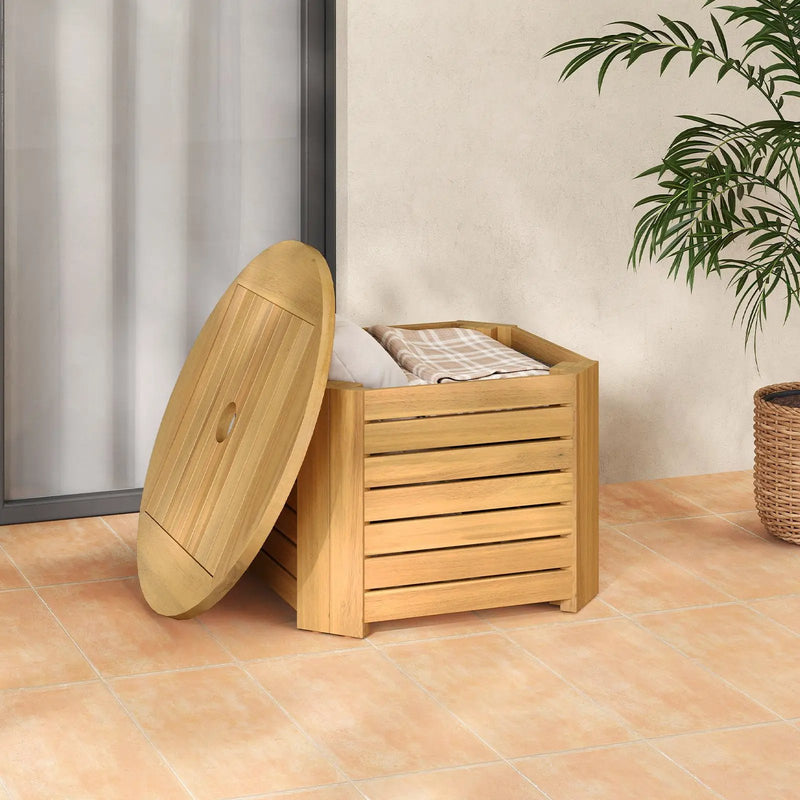 2-in-1 Outdoor Side Table with Storage Acacia Wood Slatted Coffee Table Square and Round Slatted End Storage Box by DirectDeals