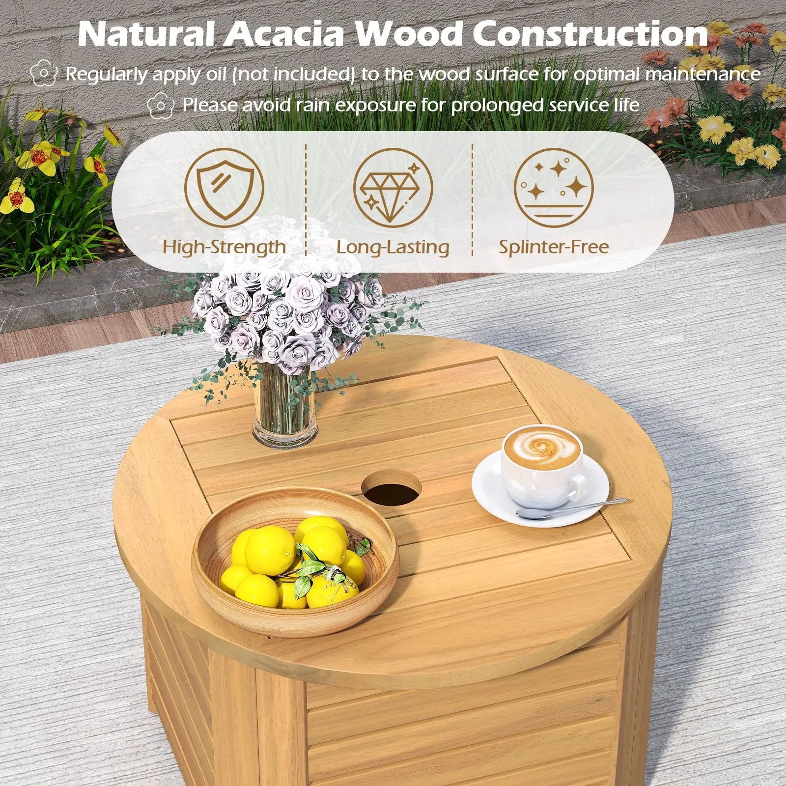 2-in-1 Outdoor Side Table with Storage Acacia Wood Slatted Coffee Table Square and Round Slatted End Storage Box by DirectDeals