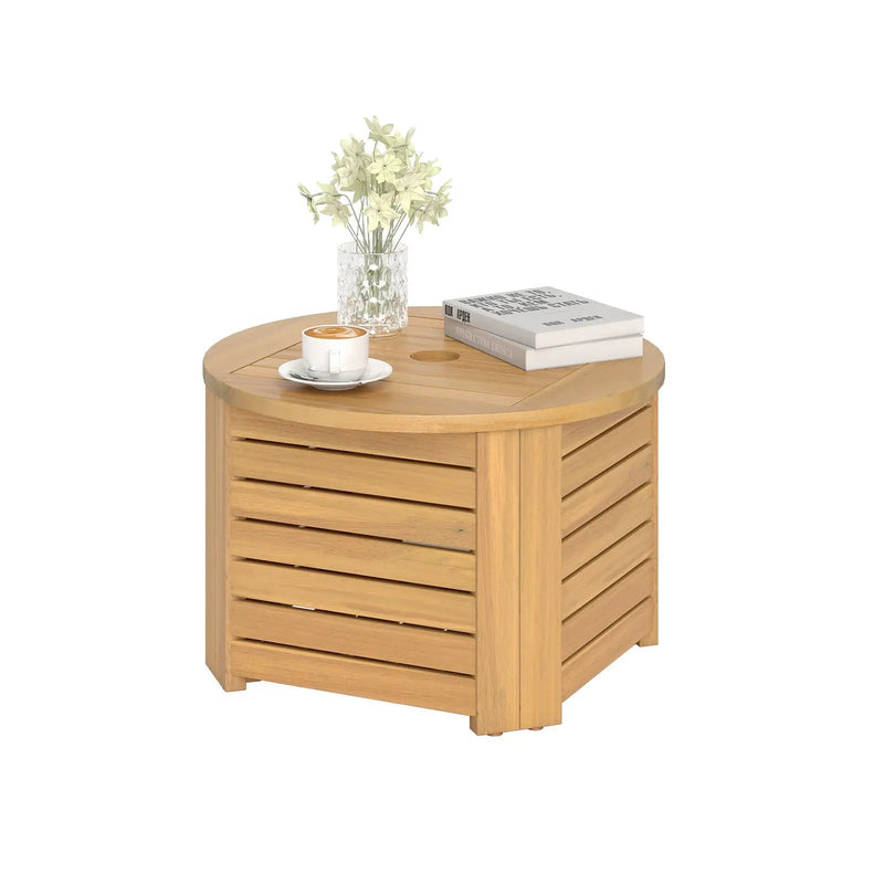 2-in-1 Outdoor Side Table with Storage Acacia Wood Slatted Coffee Table Square and Round Slatted End Storage Box by DirectDeals