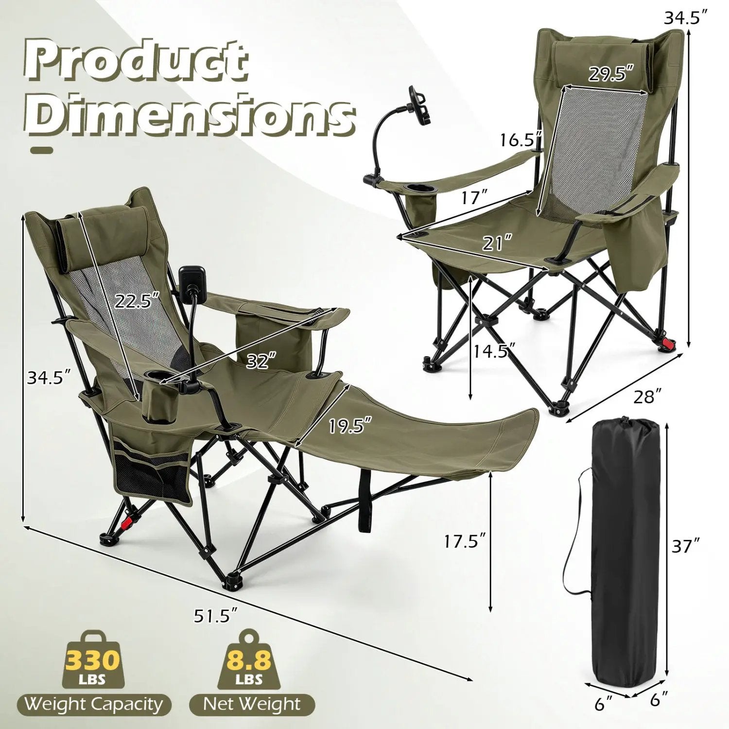 Reclining Camping Chair with Adjustable Backrest & Footrest by DirectDeals