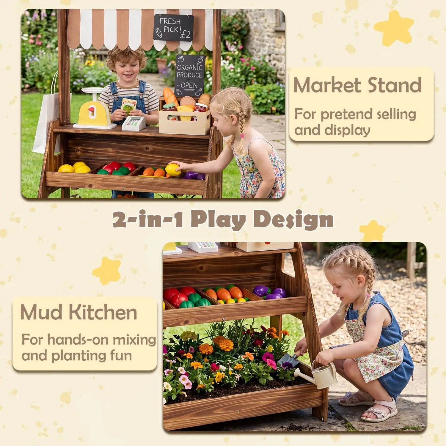 2-in-1 Wooden Mud Kitchen & Market Stand with Planter Box by DirectDeals