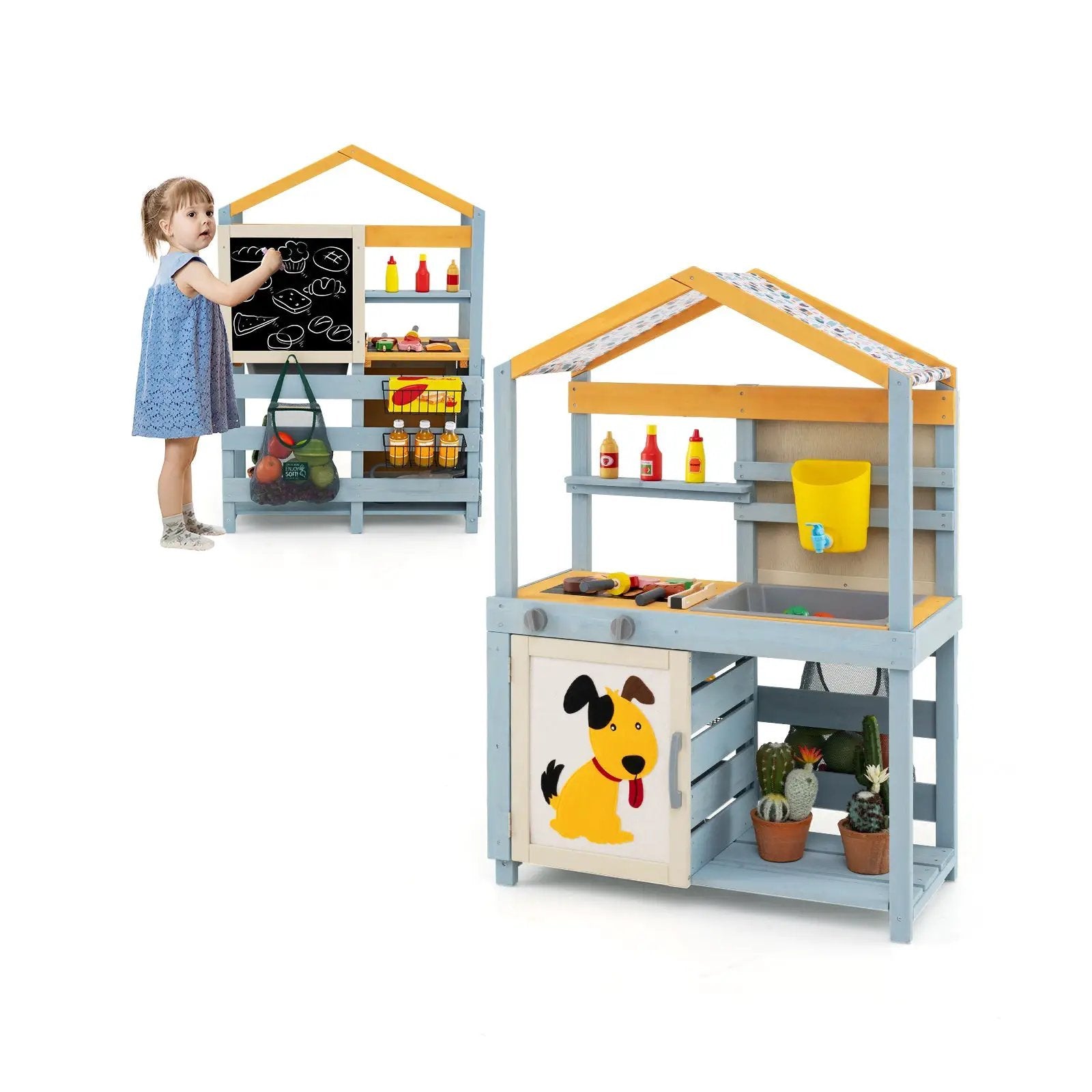 2 in 1 Wooden Mud Kitchen with Removable Water Box and Storage Bag-Gray by DirectDeals
