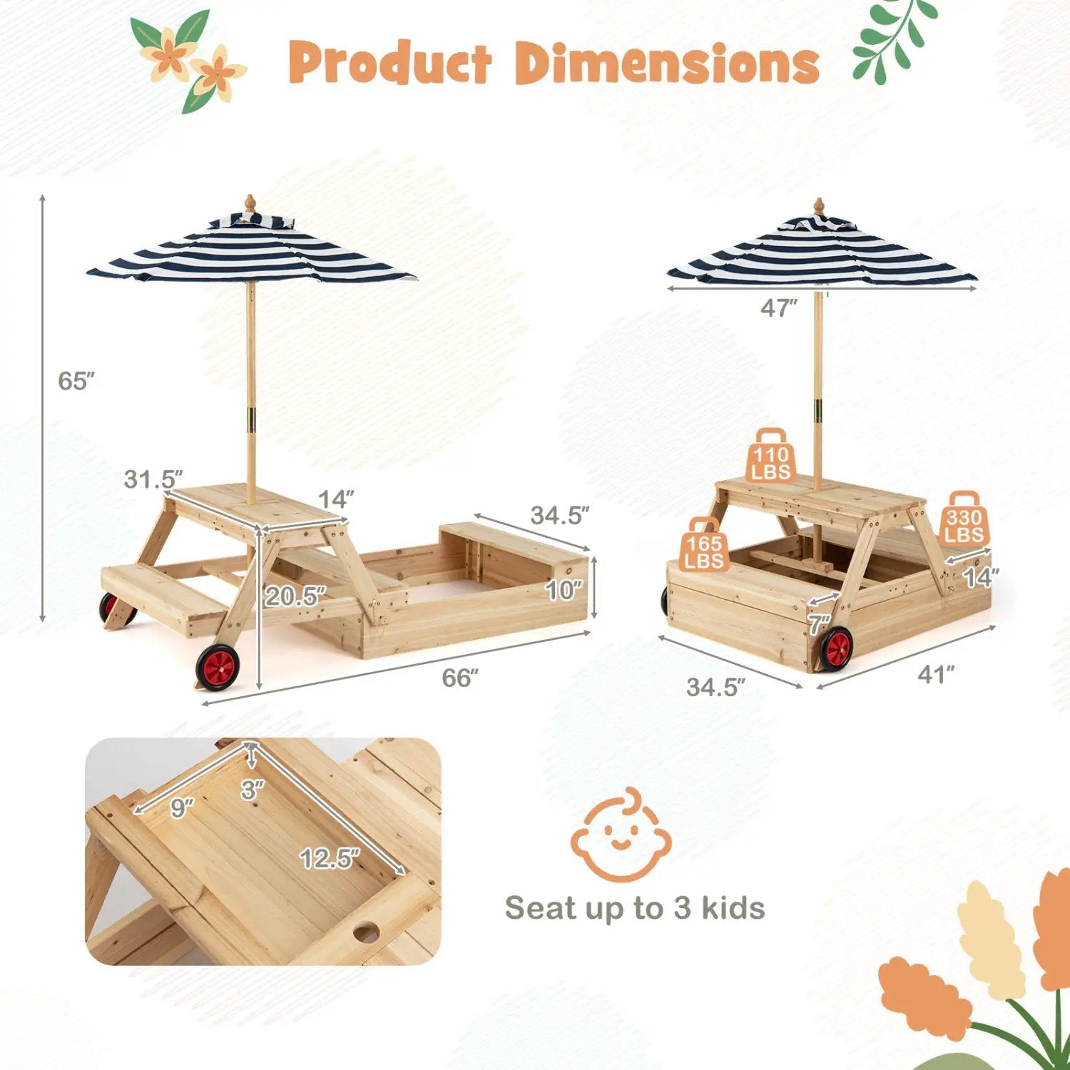 2-in-1 Wooden Sandbox with Foldable Umbrella and Convertible Picnic Table by DirectDeals