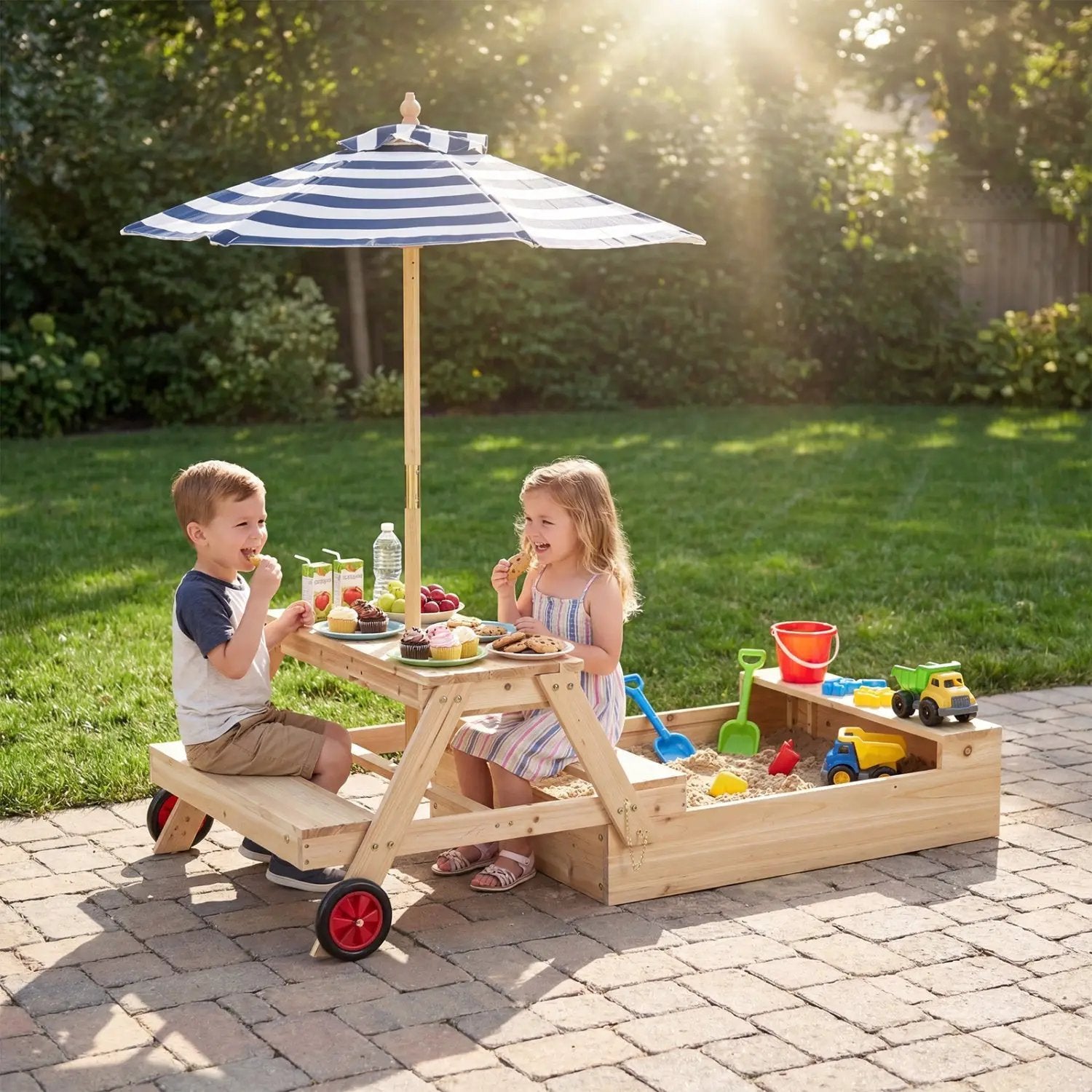 2-in-1 Wooden Sandbox with Foldable Umbrella and Convertible Picnic Table by DirectDeals