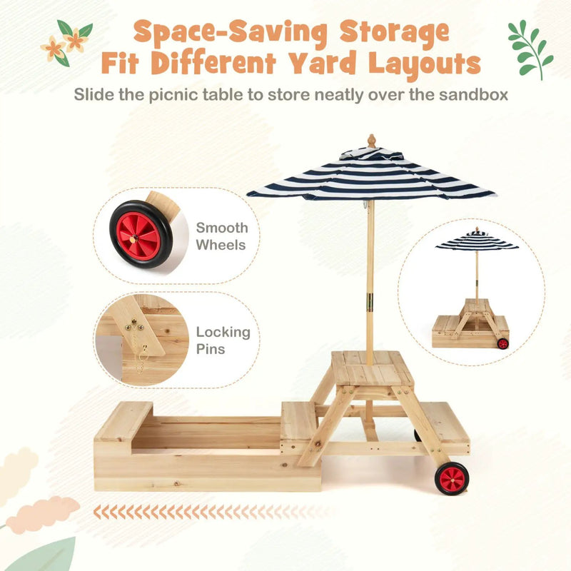 2-in-1 Wooden Sandbox with Foldable Umbrella and Convertible Picnic Table by DirectDeals