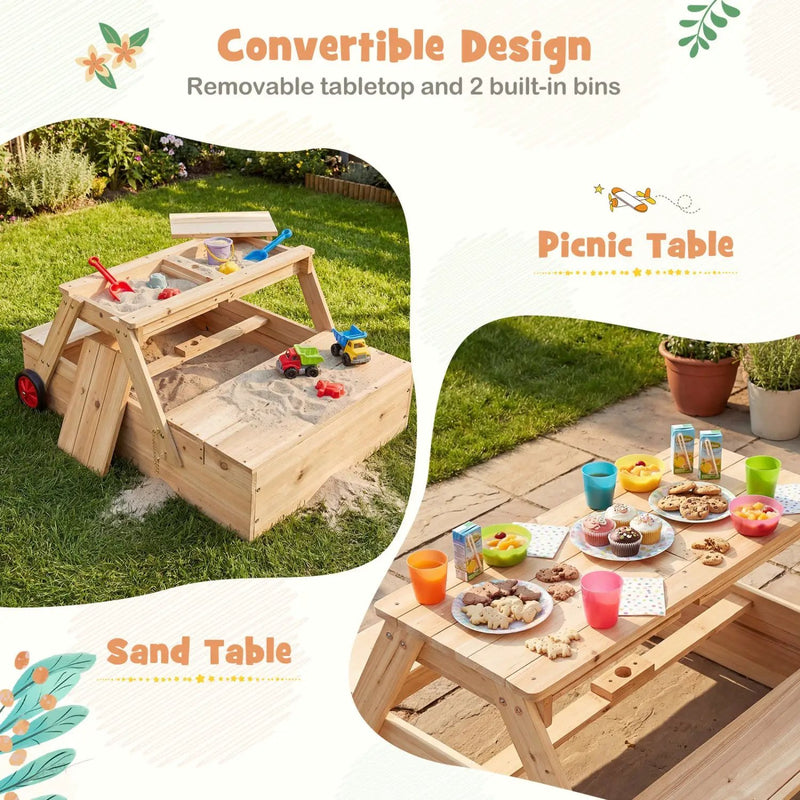 2-in-1 Wooden Sandbox with Foldable Umbrella and Convertible Picnic Table by DirectDeals