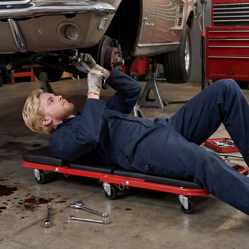 2-in-1 Z-Shaped Rolling Garage Stool 36" Folding Flat Automotive Creeper-Red by DirectDeals
