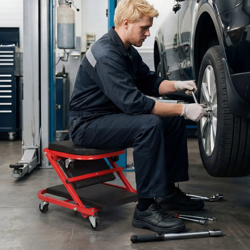2-in-1 Z-Shaped Rolling Garage Stool 36" Folding Flat Automotive Creeper-Red by DirectDeals