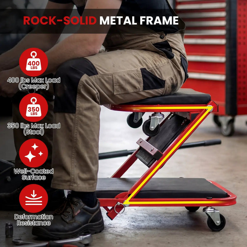 2-in-1 Z-Shaped Rolling Garage Stool 36" Folding Flat Automotive Creeper-Red by DirectDeals